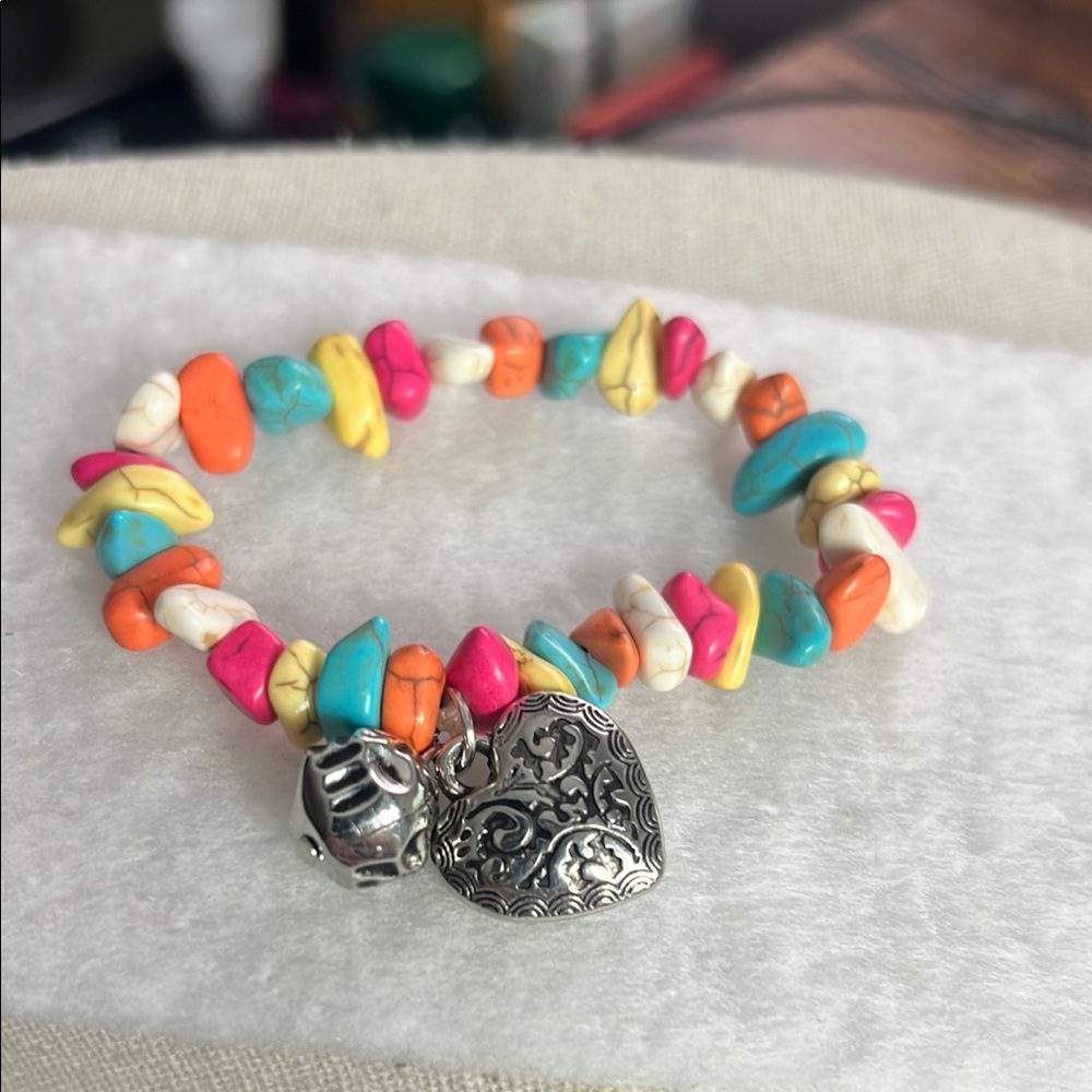 Colorful Beaded Bracelet with Silver Heart Charm